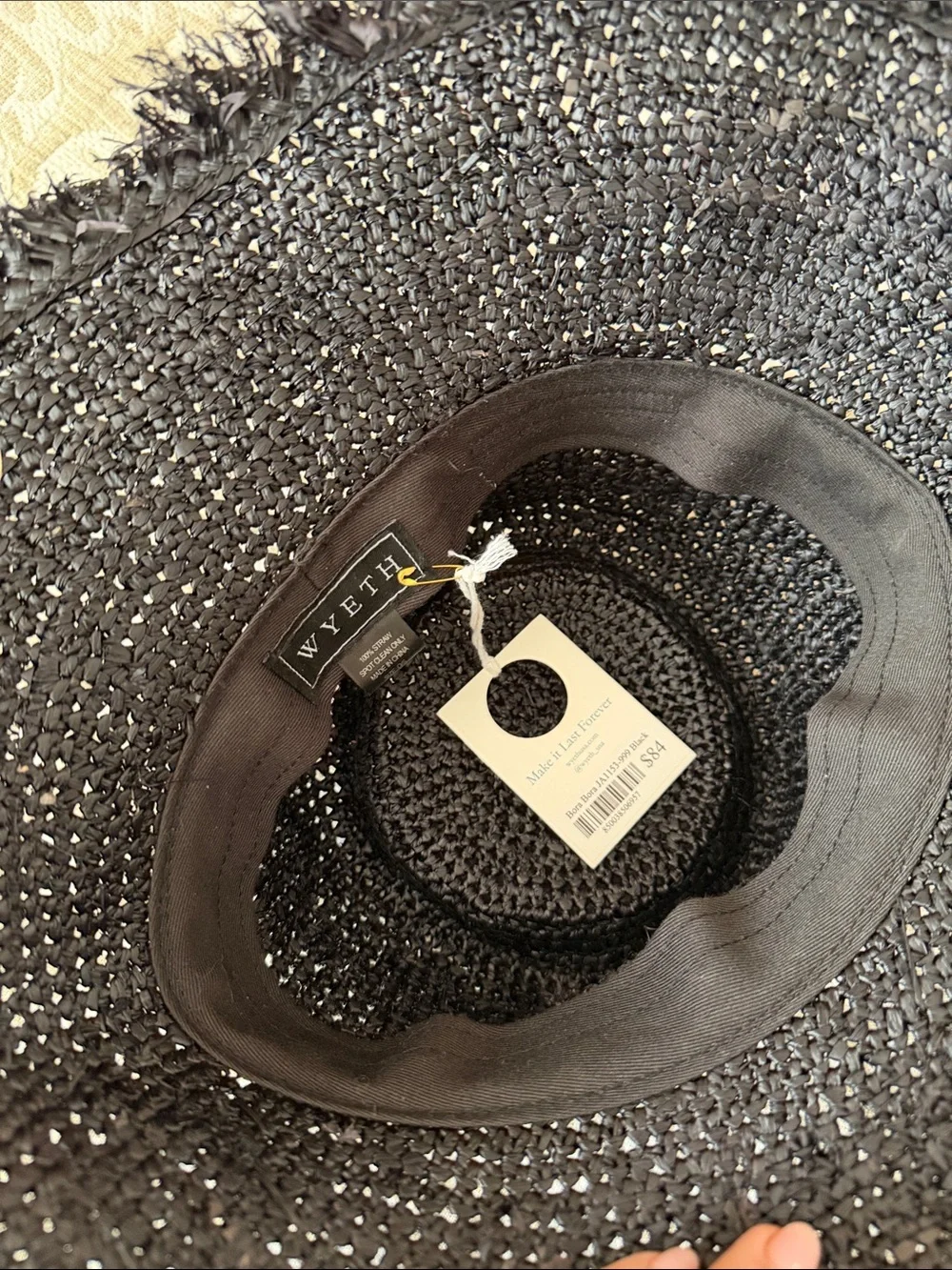 NWT WYETH Black Raffia Straw Sun Hat with Frayed Brim packable